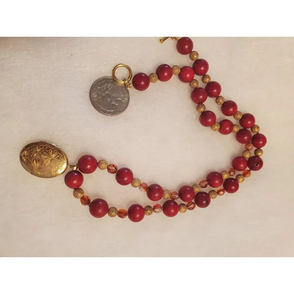Red Coral Beaded Necklace with Gold Locket and Crystals, 20 inch